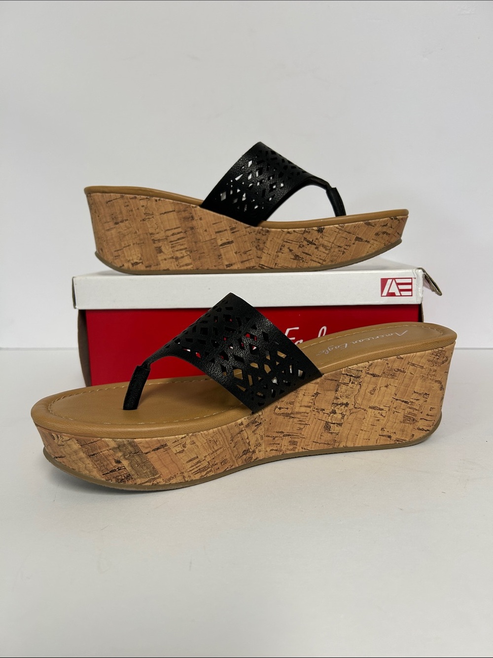 American Eagle by Payless Simone Black Cutout Cork Platform Wedge Sandals Size 8